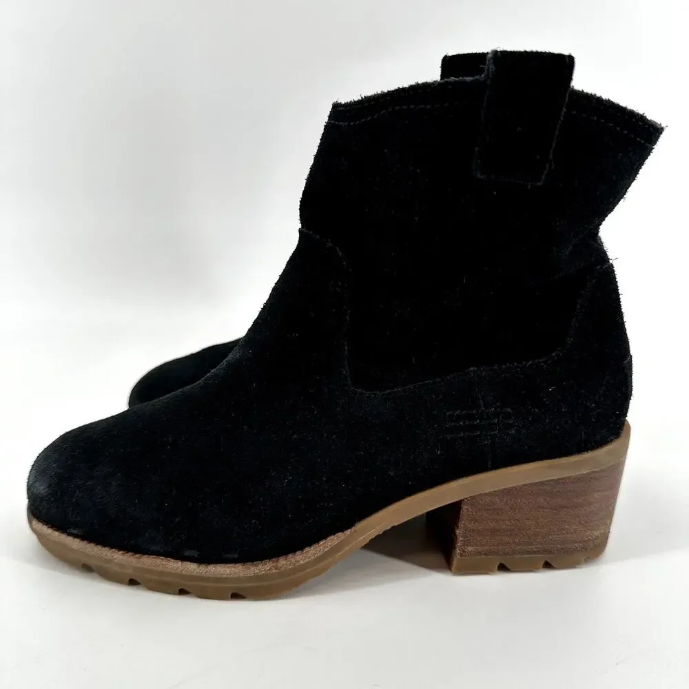 Sorel Cate Pull On Waterproof Suede Rain Ankle Boots Booties Block Heel Black 6